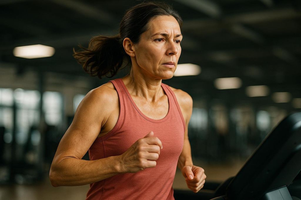 A focused woman with a determined expression runs on a treadmill during a tempo workout in a gym. Her brow is furrowed, and her arms are bent as she maintains a steady pace.