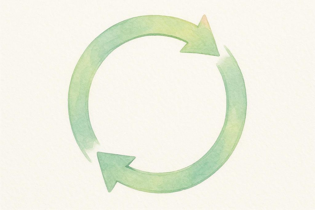 A hand-painted watercolor illustration of a circular arrow icon, commonly used for recycling or refresh, in shades of green on a textured white background.