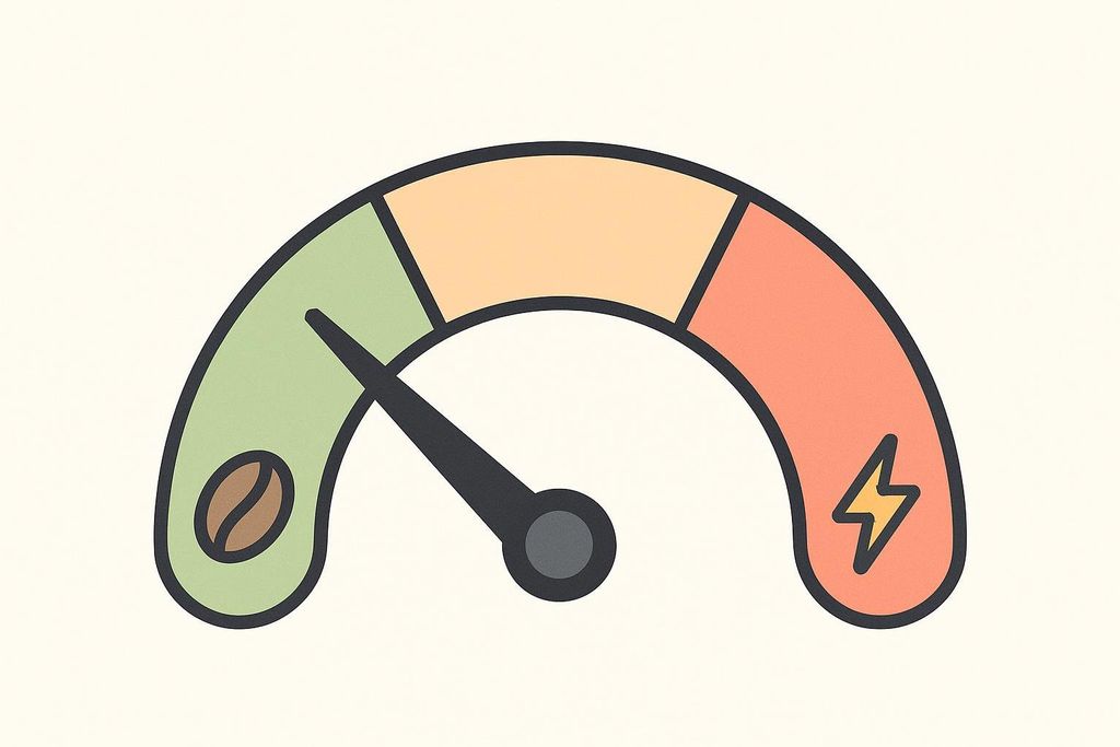 An illustration of a dosage gauge, segmented into green (low), yellow (medium), and red (high) sections. A needle points to the green 'low' section, associated with a coffee bean icon. The red section has a lightning bolt icon, representing high energy or caffeine. This suggests starting with a smaller caffeine dose.