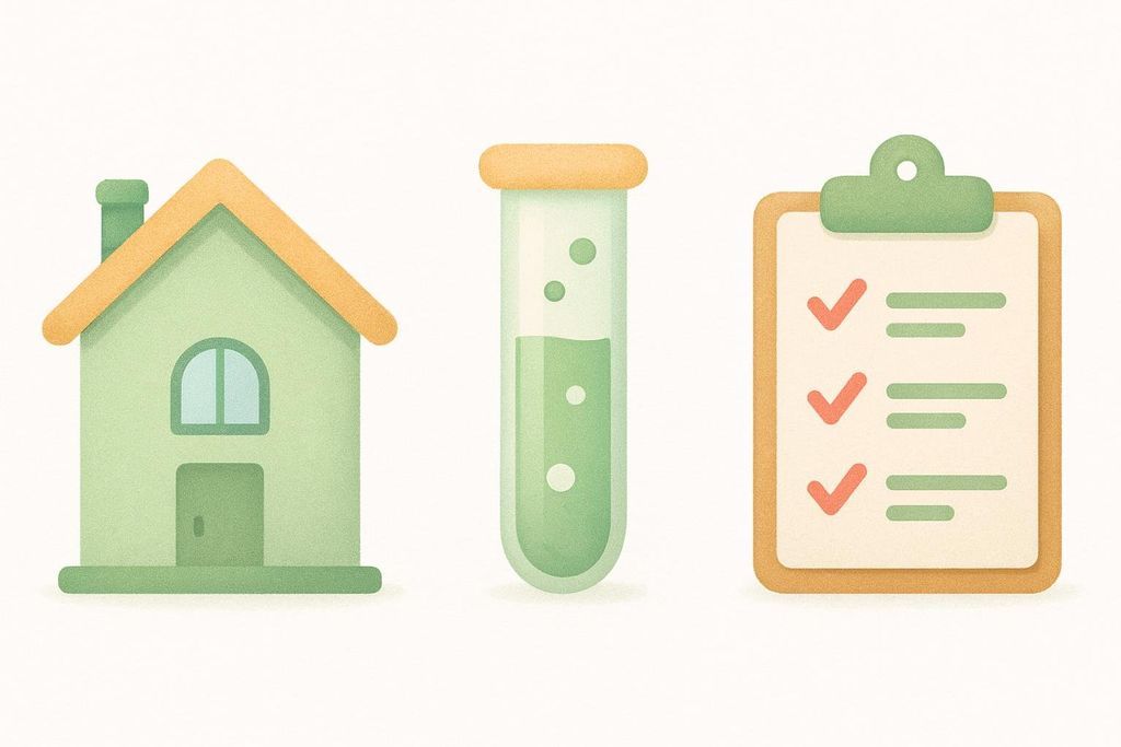 Three icons representing a house (home), a test tube (lab), and a clipboard with checkmarks (clinician or checklist options). The icons are rendered in a soft, textured, light green and orange color scheme.
