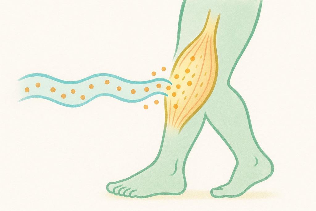 Illustration showing how leg muscles act like sponges to absorb glucose from the bloodstream after a meal.