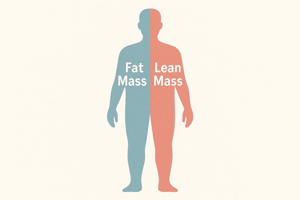 A human silhouette divided in half, with one side labeled 'Fat Mass' in blue and the other side labeled 'Lean Mass' in orange.