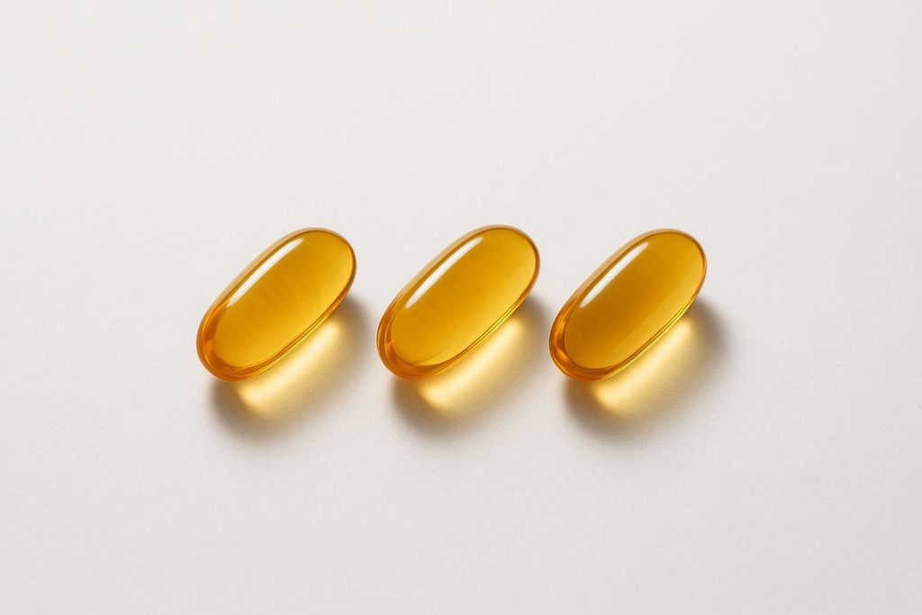 Three clear, amber-colored omega-3 fish oil capsules are laid out horizontally in a row on a clean white background, casting soft shadows.