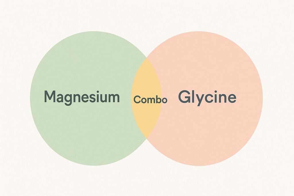 A Venn diagram showing two overlapping circles. The left circle, colored light green, is labeled 'Magnesium'. The right circle, colored light pink, is labeled 'Glycine'. The overlapping section, colored light yellow, is labeled 'Combo'.