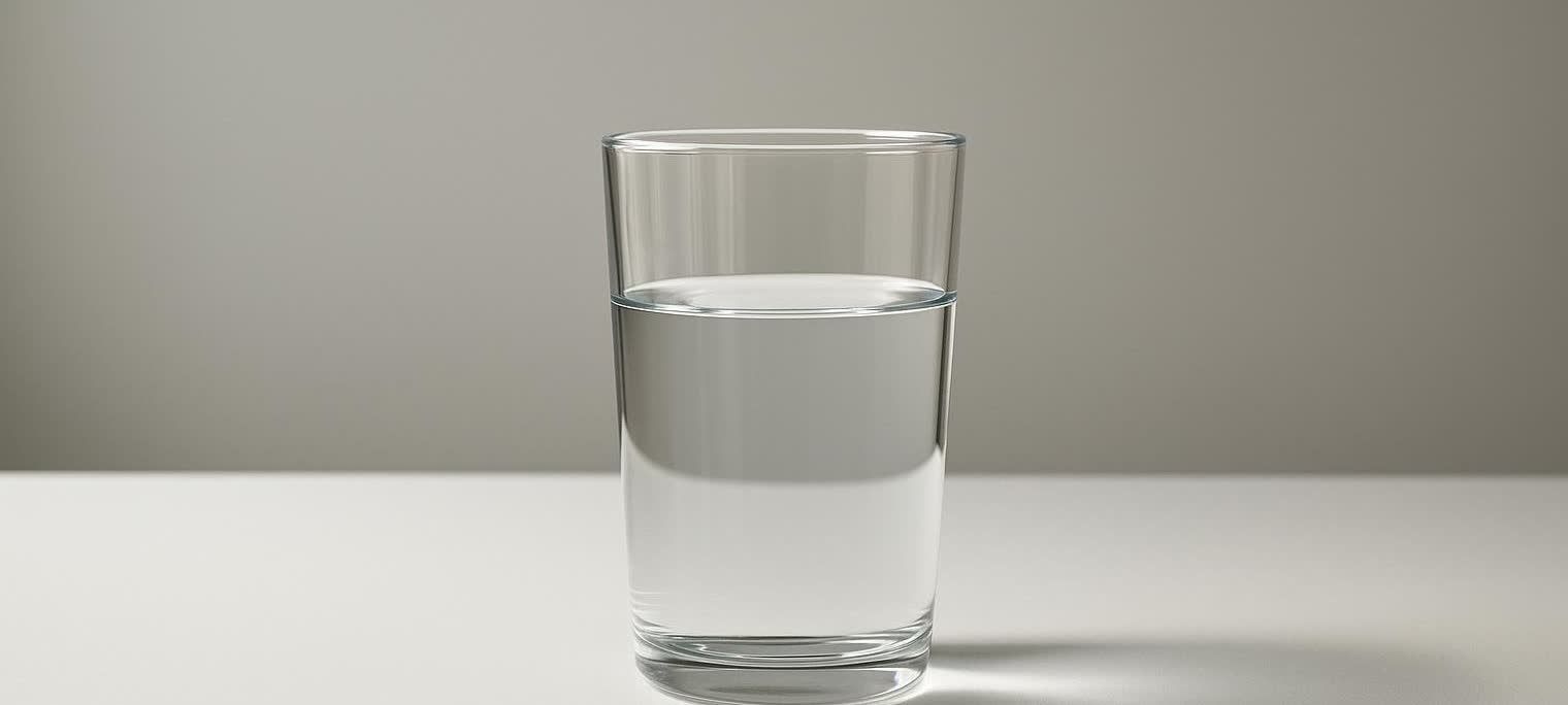 A clear glass filled halfway with water, sitting on a white surface with a neutral, light gray background.