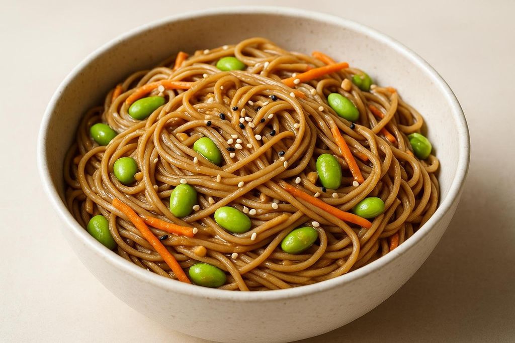 A close-up of a bowl filled with Peanut Edamame Soba Noodles. The noodles are a light brown color, mixed with bright green edamame pods, thin orange carrot slices, and sprinkled with white and black sesame seeds. The bowl is a light grey or beige color, and the background is a plain, light surface.