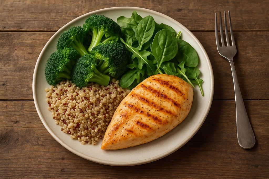 A plate of grilled chicken breast served with a side of quinoa, steamed broccoli florets, and fresh green leafy vegetables on a rustic wooden table, with a fork beside the plate.