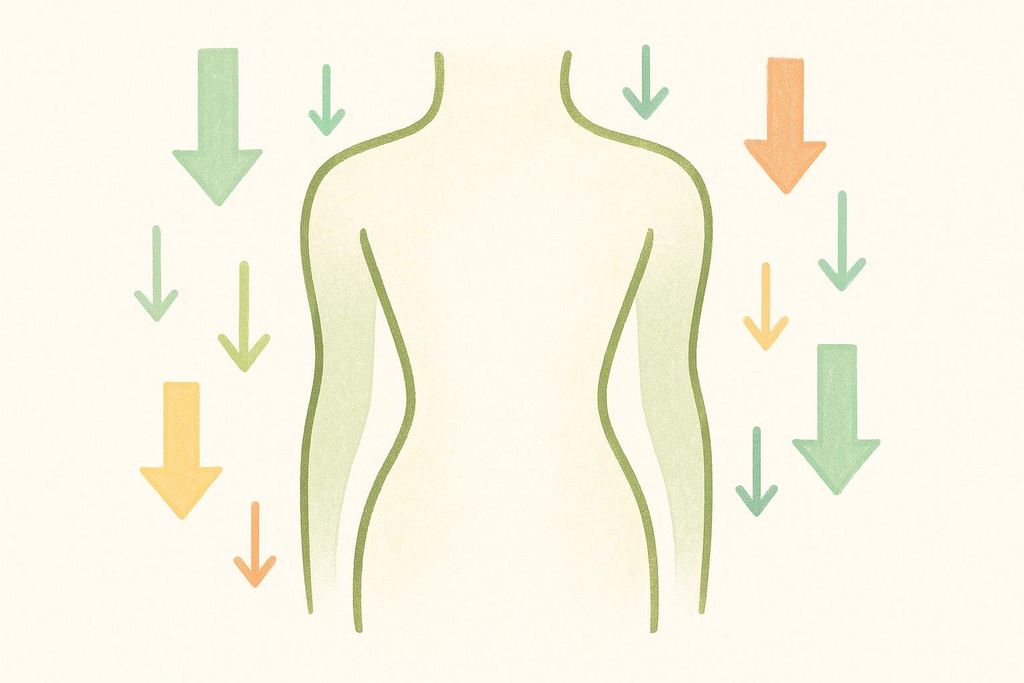An illustration showing a human body outline surrounded by green and orange downward-pointing arrows, symbolizing weight loss.