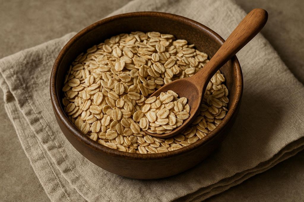 A wooden bowl filled with uncooked rolled oats is placed on a light brown linen cloth. A wooden spoon is resting inside the bowl on top of the oats.