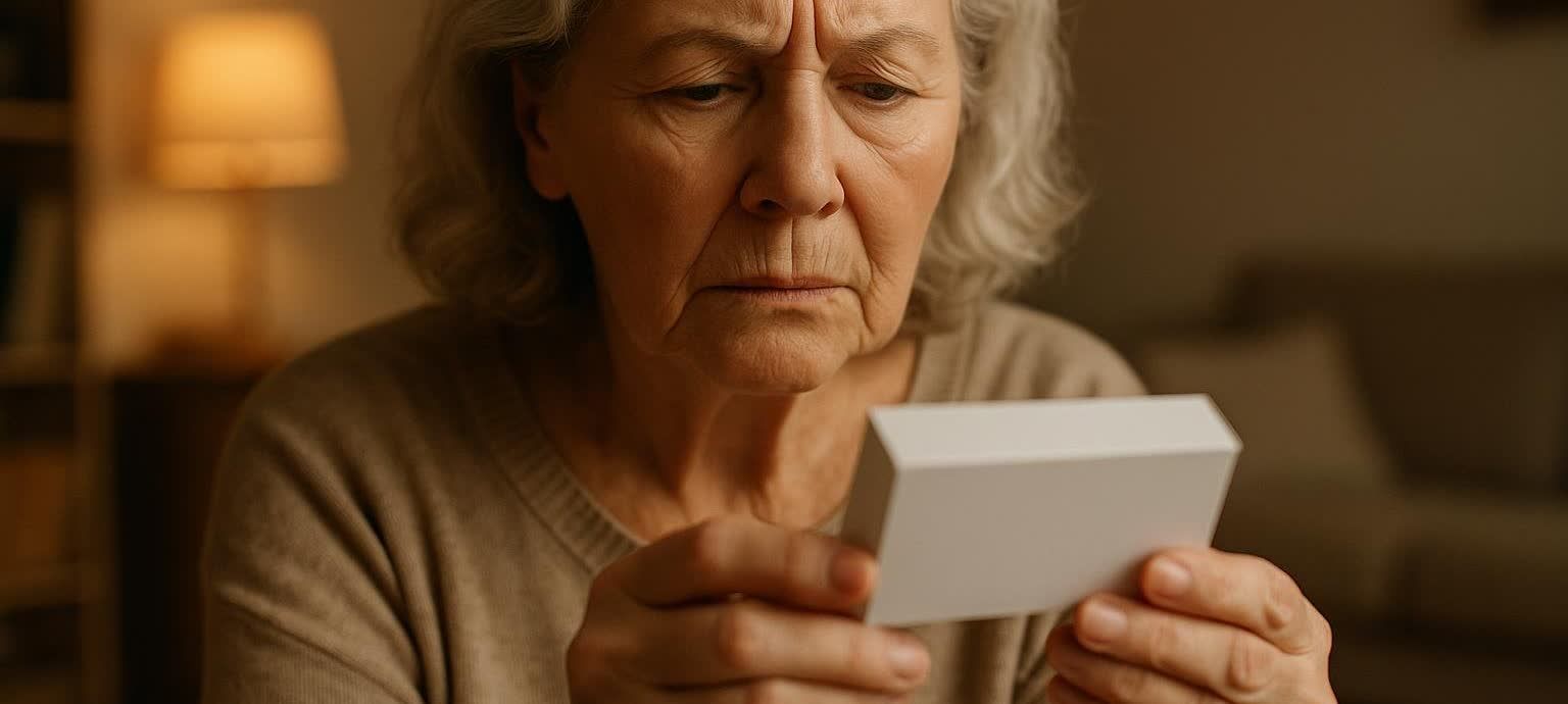 A close-up of a senior woman with grey hair and a worried expression, carefully examining a plain white medicine box she holds in her hands. She appears to be concentrating deeply on the information on the box, suggesting she is weighing decisions about medication.