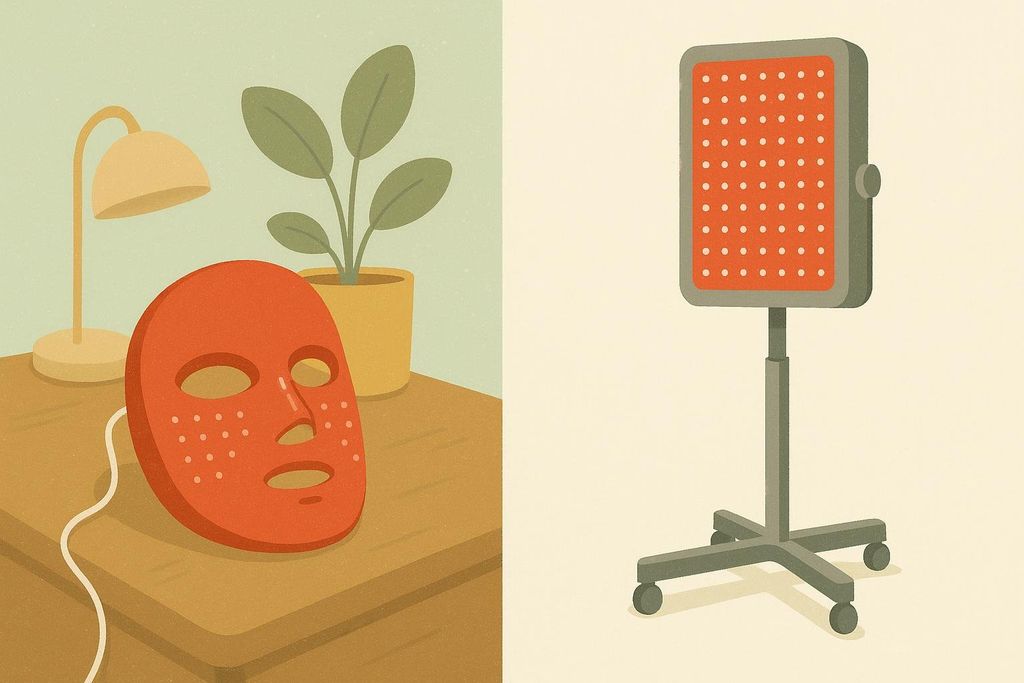 Illustration comparing a red light therapy face mask and a large, professional red light panel stand.