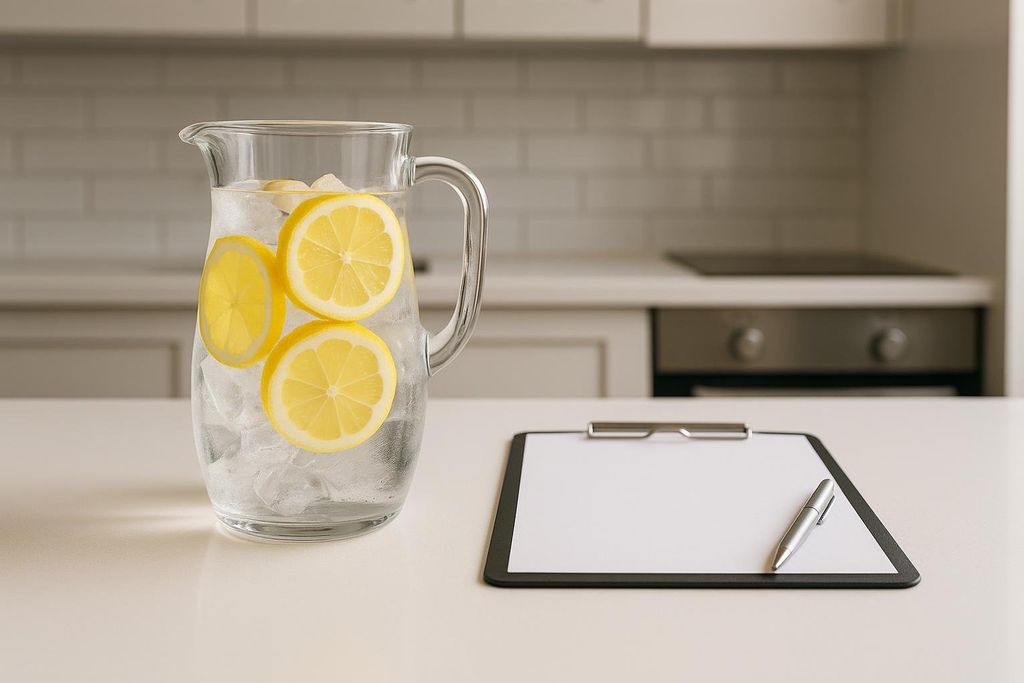 A clear glass pitcher filled with ice, water, and sliced lemons sits on a white kitchen counter next to a clipboard with a blank piece of paper and a silver pen. The background shows a modern kitchen with white cabinets and a stovetop.