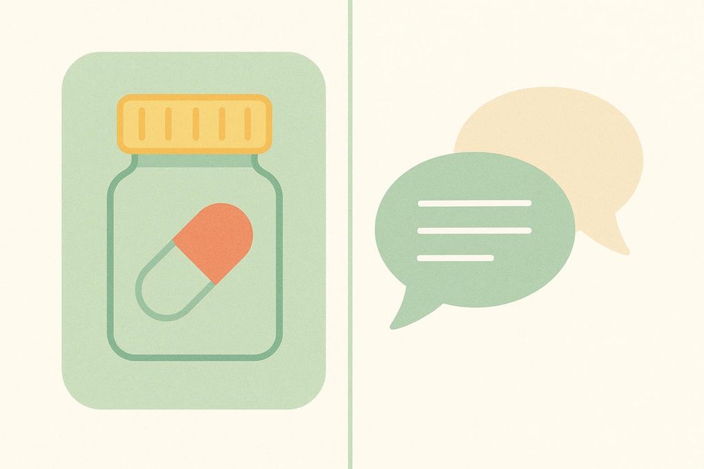 An illustration contrasting medication coverage versus behavioral therapy coverage. On the left is a capsule in a pill bottle, representing medication. On the right are two overlapping speech bubbles, representing behavioral therapy.