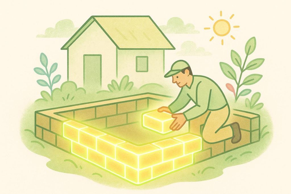 An illustration of a builder in a green cap and uniform kneeling and laying glowing yellow bricks to form a strong foundation. In the background there is a house with trees, bushes, and a shining sun. The glowing bricks represent magnesium.