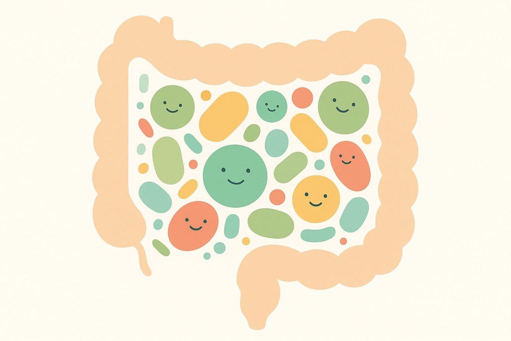 An illustration showing a diverse ecosystem of beneficial bacteria inside a stylized gut, representing a healthy microbiome.