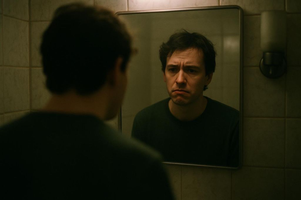 The reflection of a man in a bathroom mirror looking uncertain, with a furrowed brow and downturned mouth.