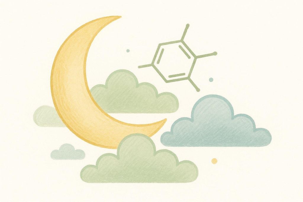 An illustration of a yellow crescent moon with green and blue fluffy clouds, and a green molecular structure (likely magnesium bisglycinate) floating above. This imagery represents sleep and relaxation.