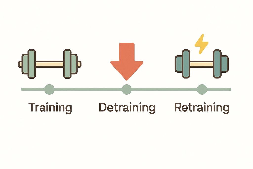 A timeline diagram illustrating fitness concepts. It shows an icon of a dumbbell labeled 'Training', an orange downward arrow for 'Detraining', and a dumbbell with a lightning bolt labeled 'Retraining'.