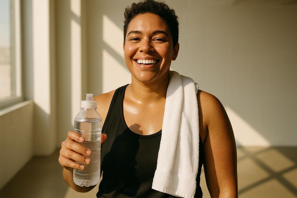 A smiling person resting after a vigorous workout with a towel and water.