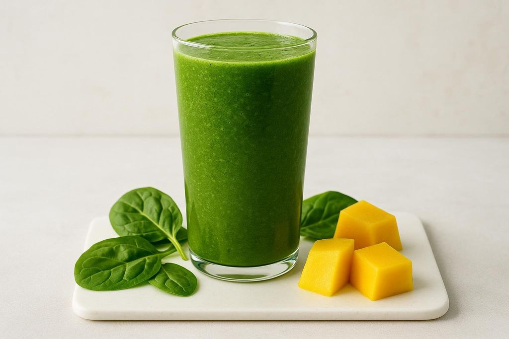 A vibrant green tropical protein smoothie in a tall clear glass, surrounded by fresh green spinach leaves and bright yellow mango chunks, all resting on a white cutting board.
