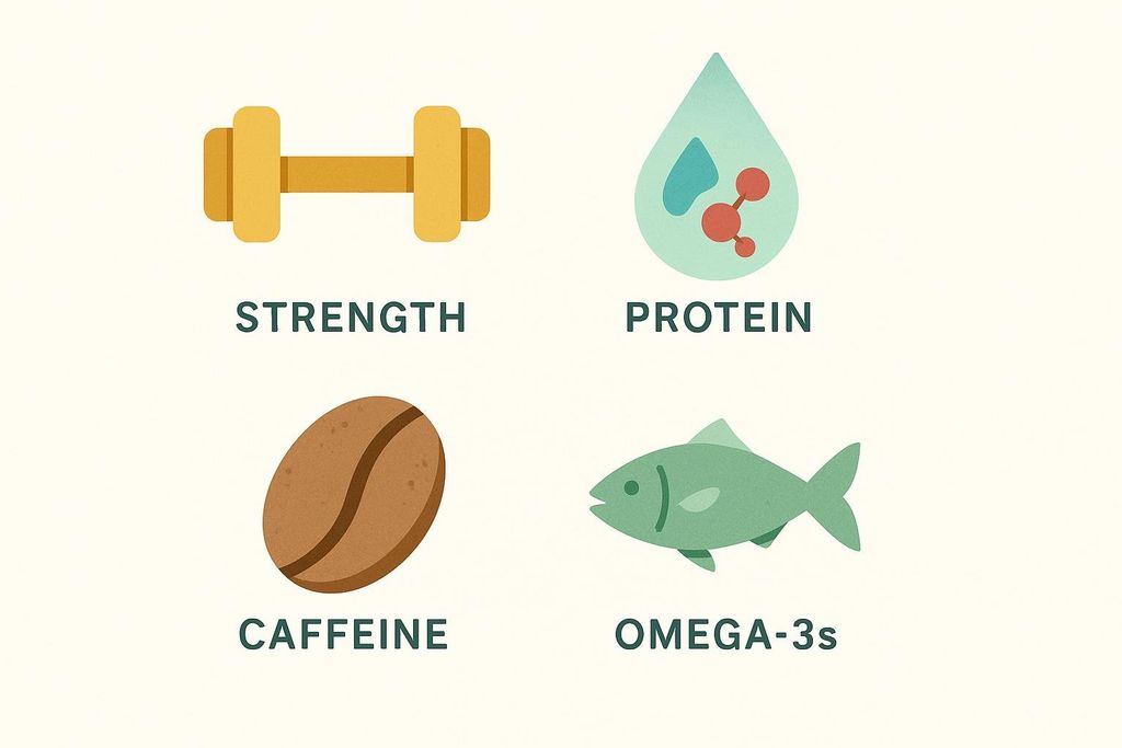 Four icons arranged in a grid: a dumbbell above the word "STRENGTH", a water drop with molecules representing "PROTEIN", a coffee bean for "CAFFEINE", and a fish icon for "OMEGA-3s".