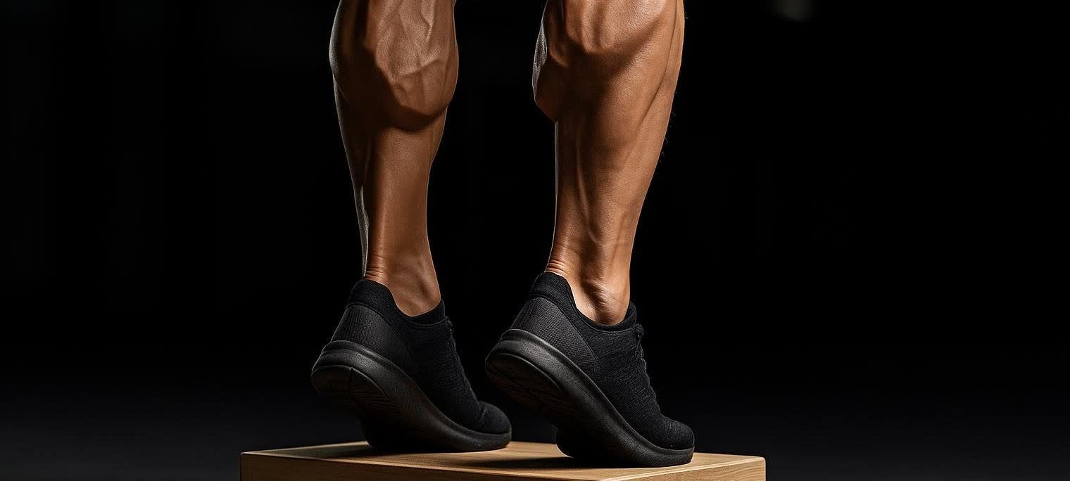 Close-up of a person's legs, showing defined calf muscles, as they perform a standing calf raise while wearing black sneakers on a wooden box against a dark background.