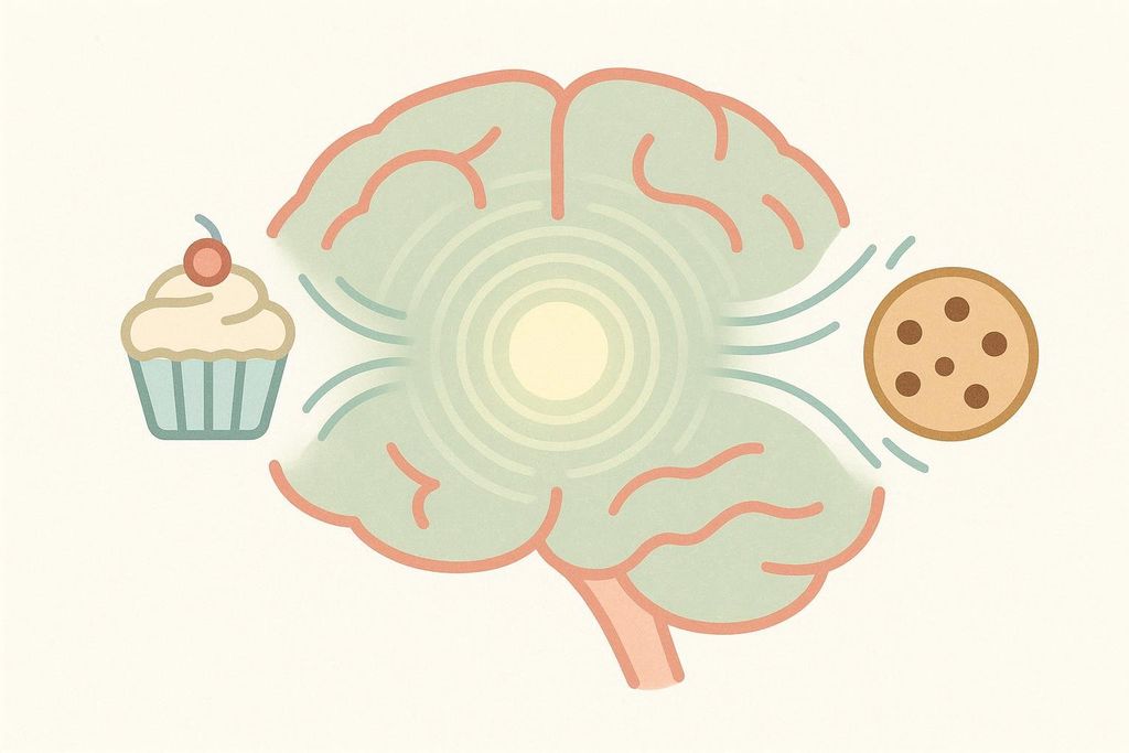 An illustration of a light green brain with light radiating from its center, repelling a cupcake on the left and a chocolate chip cookie on the right. Blue lines emanate from the brain towards the junk food, indicating a force pushing them away. This image represents inositol's potential effect on mood and cravings by illustrating a calm, controlled brain resisting unhealthy food.