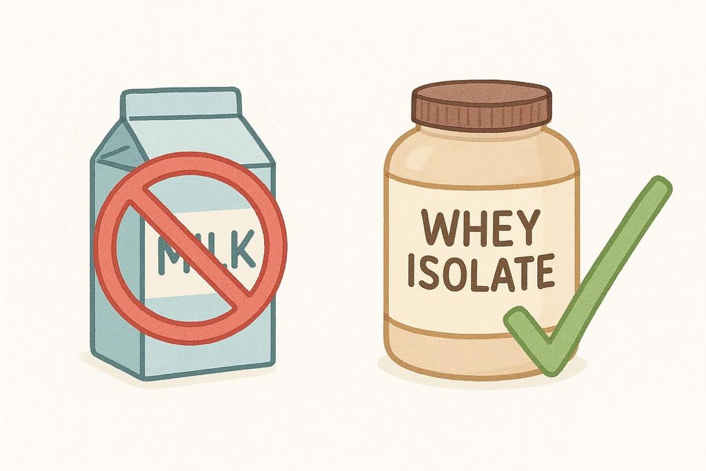 An illustration showing a carton of milk with a red 'do not' symbol over it, and a jar labeled 'WHEY ISOLATE' with a green checkmark next to it. This signifies that whey isolate is suitable for those with lactose intolerance, unlike regular milk.