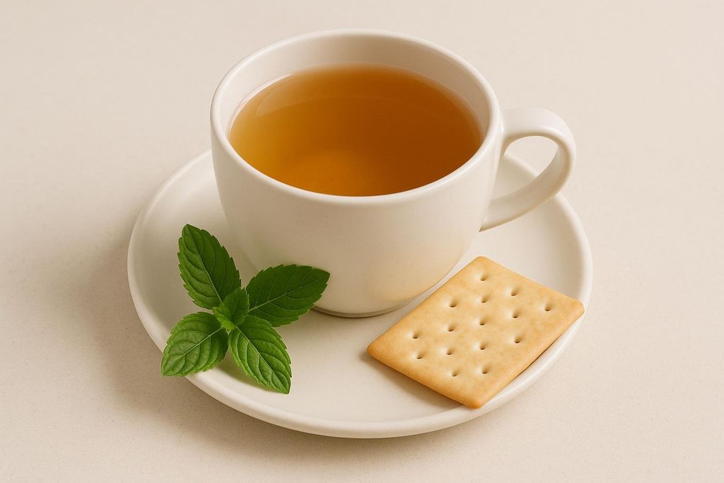A white teacup filled with golden ginger tea and a sprig of fresh mint leaves rest on a matching white saucer, alongside a simple rectangular cracker, illustrating natural remedies for nausea.