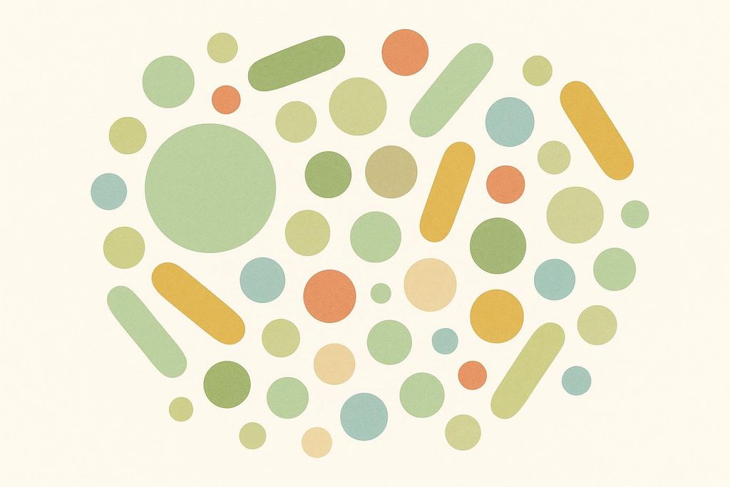 An abstract grouping of circles and pill shapes in various muted colors like green, orange, and blue, suggesting a diverse microbial ecosystem.