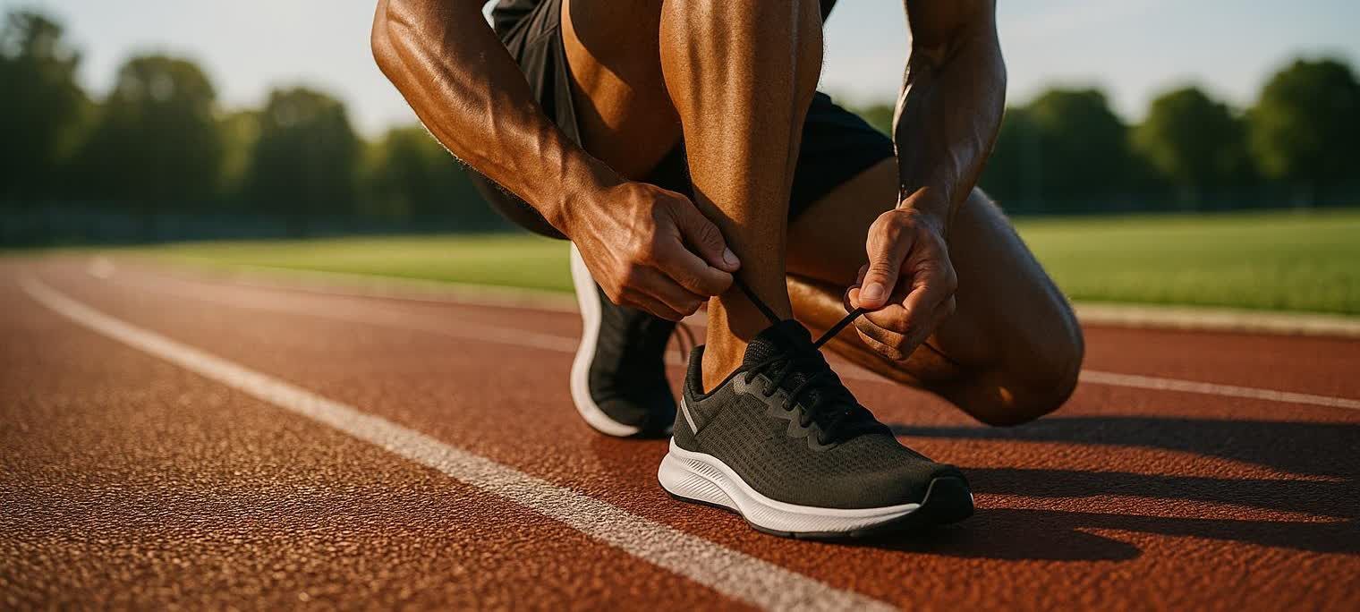 Athlete tying shoelaces on an outdoor track in the morning light
