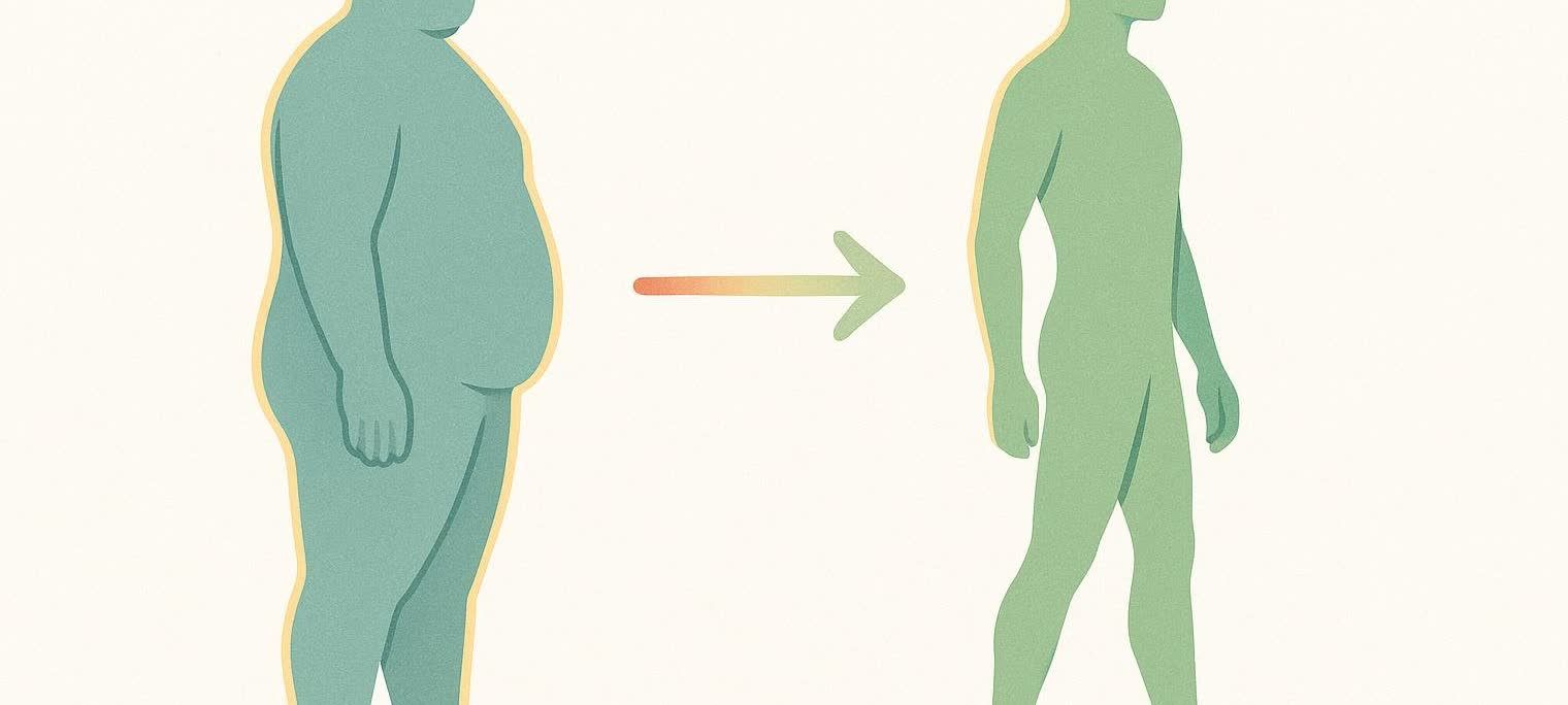 Illustration showing the transformation of a male body from left to right, from having a higher body fat percentage to a lower body fat percentage. An arrow points from the figure on the left to the figure on the right to indicate the change.