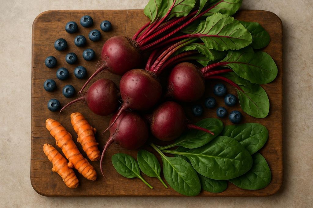 An overhead shot of a wooden cutting board with fresh produce arranged on it. It features a bunch of red beets with green leaves, several bright orange turmeric roots, scattered blue blueberries, and a pile of fresh green spinach leaves.