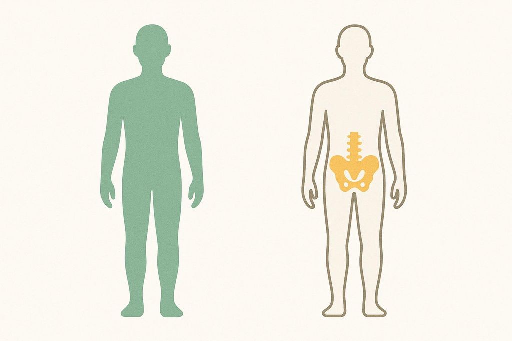 A comparison showing a full-body DEXA scan represented by a green silhouette on the left, and a central DEXA scan represented by a white outline with an orange hip and spine bone structure highlighted inside on the right.