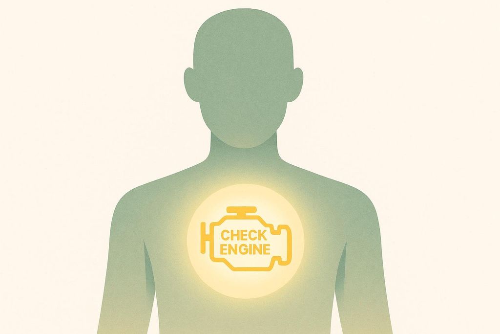 A stylized illustration of a human silhouette with a glowing yellow circle in the chest area, containing the 'Check Engine' dashboard light icon. The background is a plain, light off-white color.