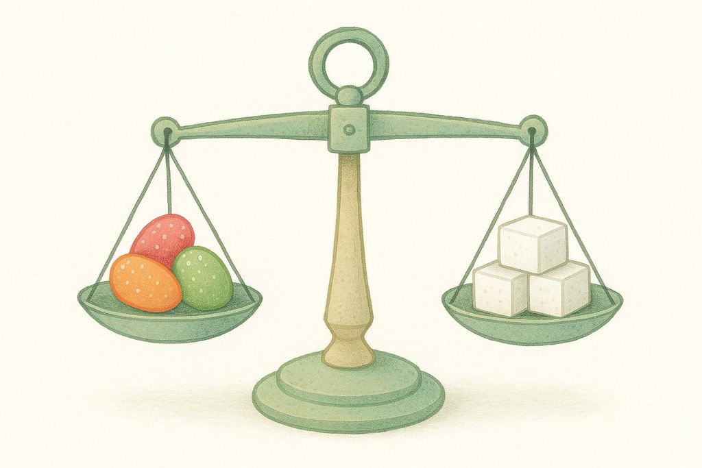 Balance scale appearing to weigh gummies against sugar cubes