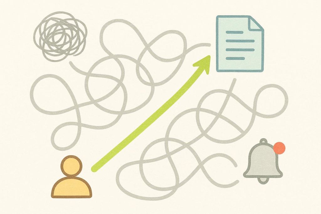 Illustration showing a person at the start of a clear, straight green arrow leading to a document. Surrounding the arrow are intricate gray lines representing distractions, along with symbols of a tangled mess and a notification bell, all faded into the background.