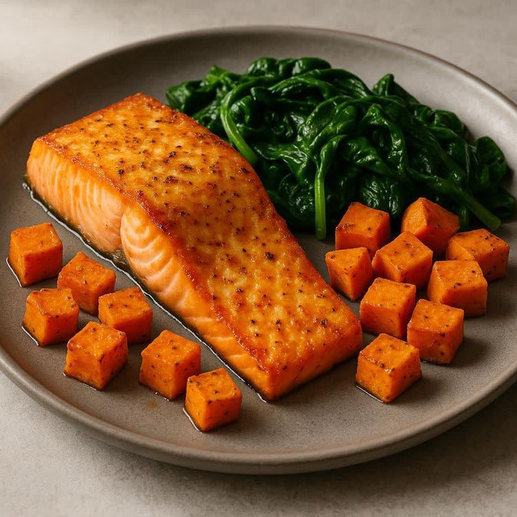Baked salmon fillet served with roasted sweet potatoes and steamed spinach.