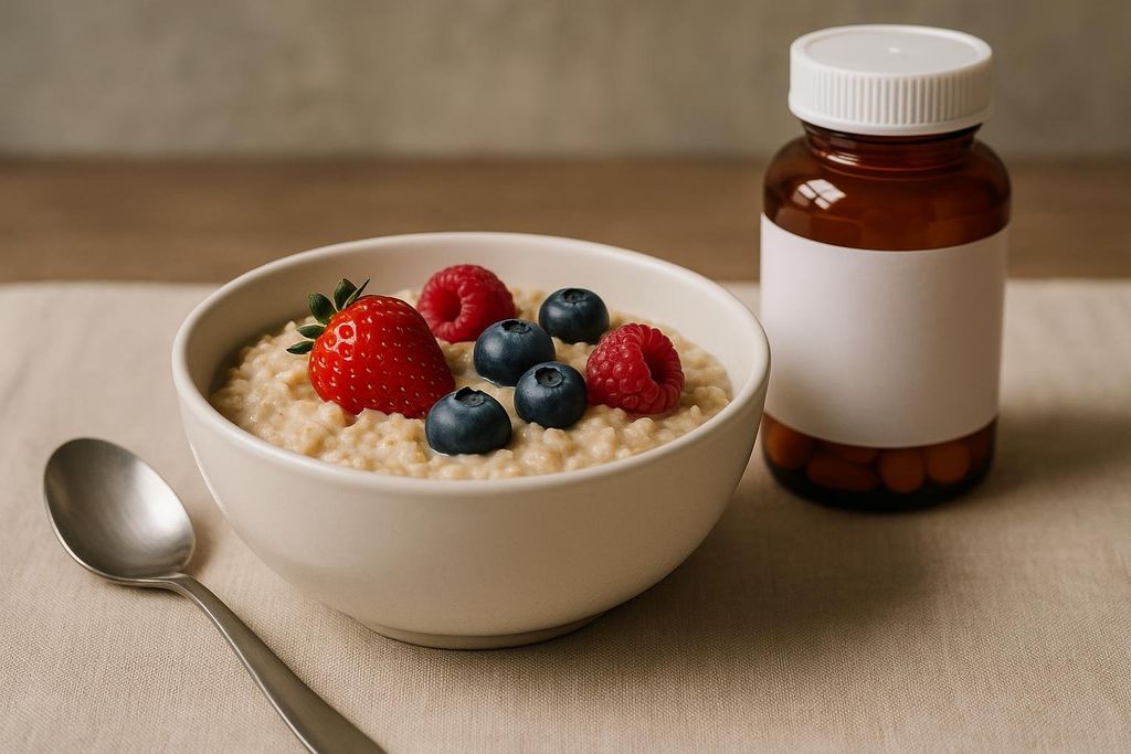 A white bowl of oatmeal topped with fresh strawberries, blueberries, and raspberries sits next to a brown amber medication bottle with a plain white label. A silver spoon rests beside the bowl on a beige linen tablecloth.