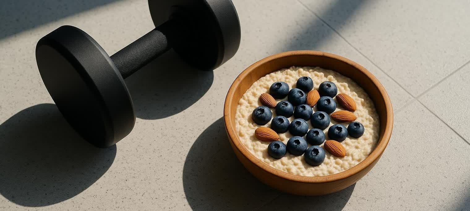 A black dumbbell lies beside a wooden bowl of oatmeal topped with fresh blueberries and almonds, symbolizing healthy workout fuel.