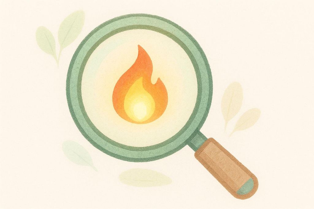 An illustration of a magnifying glass with a green rim and a brown handle. The lens of the magnifying glass focuses on a bright orange and yellow flame symbol. Light green leaf shapes are scattered in the background on a light cream surface.