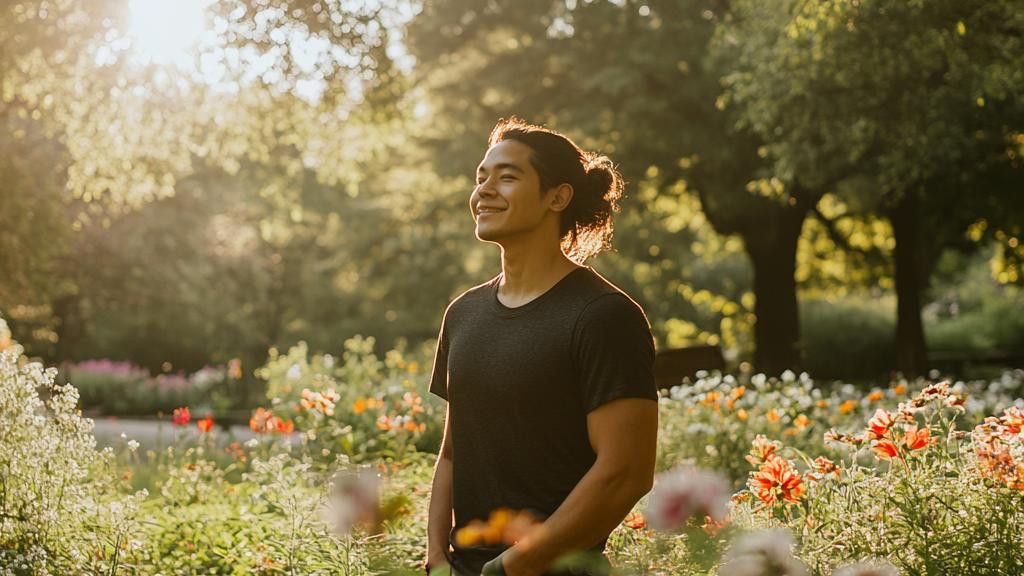 Smiling man with long hair in a bun standing in a flower garden at sunset.