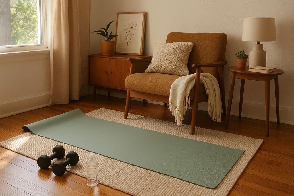 Simple home workout setup with a chair and mat