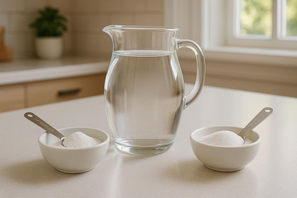 A clear glass pitcher filled with water, flanked by two small white bowls each containing a white granular substance (likely salt and sugar) with measuring spoons in them, on a kitchen countertop.