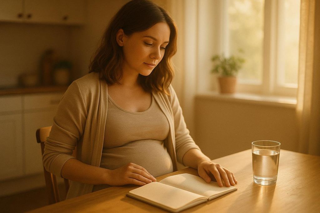 A thoughtful pregnant woman with brown hair sits at a wooden table, wearing a light brown top and cardigan. She looks down at an open notebook, with one hand resting on it. A glass of water is also on the table, and a window with natural light is in the background.