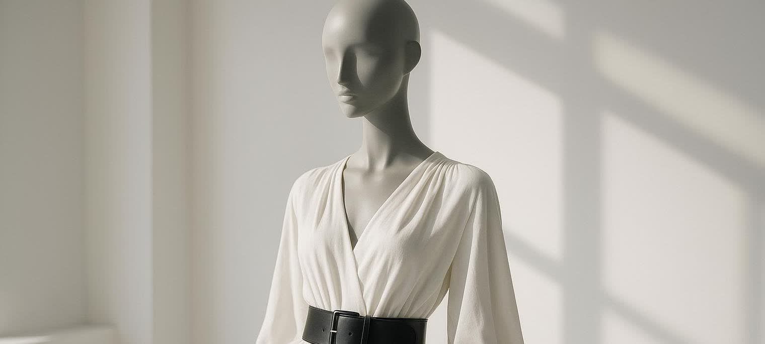 A grey mannequin wearing a white v-neck long-sleeved dress with a wide black belt cinching the waist. Light and shadow patterns are cast on the light background.