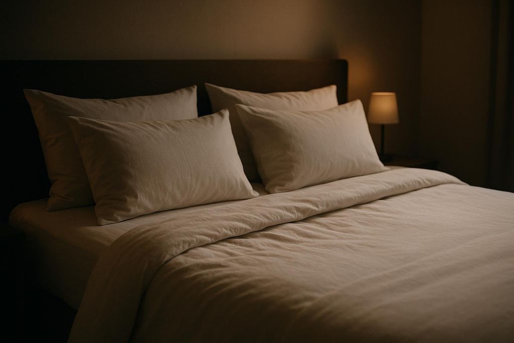 A neatly made bed with light-colored linens and pillows in a dimly lit, tranquil bedroom. A bedside lamp casts a warm glow in the background.