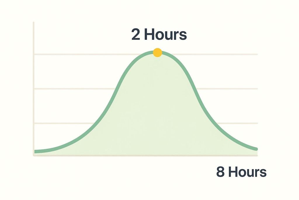 A line graph showing a bell-shaped curve representing blood levels, peaking at 2 hours (indicated by a yellow dot) and clearing by 8 hours. The graph has a light green fill under the curve.