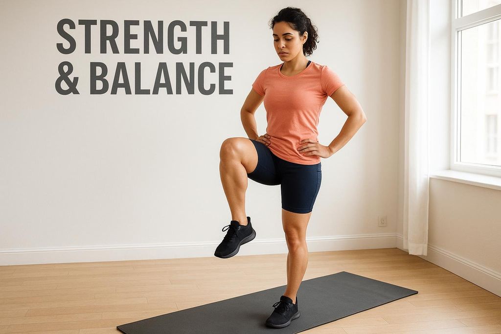 A woman performing a single-leg balance exercise on a yoga mat. On the wall behind her, the text 'STRENGTH & BALANCE' is visible.