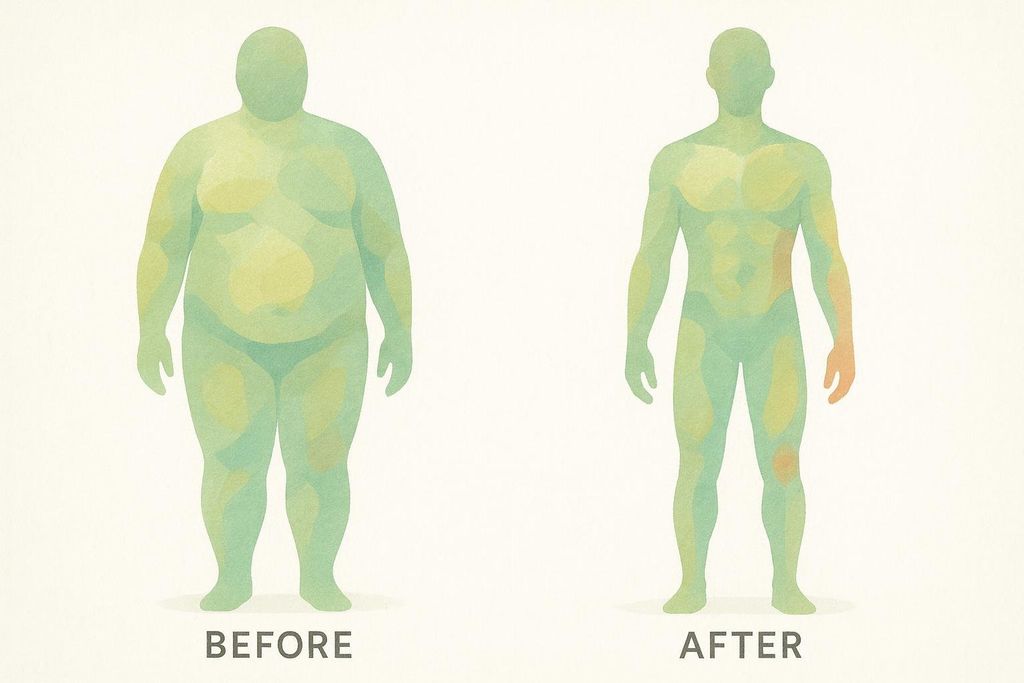 Green silhouettes display a noticeable shift in body shape from a larger figure labeled 'BEFORE' to a more toned one labeled 'AFTER', indicating an improvement in body composition.